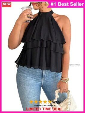 Plus Size Layered Ruffle Halter Tank Top Sleeveless Chiffon Top